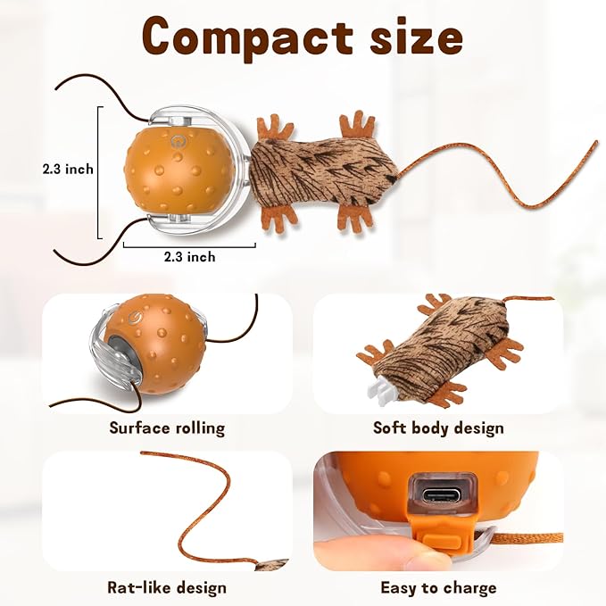 Interactive Cat Toy Ball - Automatic Interactive Cat Toy Designed by Mice, A Mobile Cat Ball, Boring Indoor Cat Toys-Mewly Pet