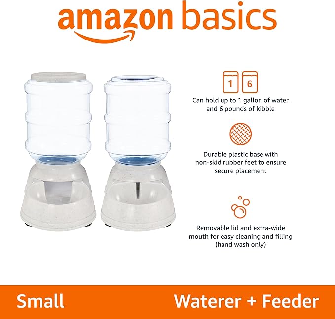 Amazon Basics Automatic Dog Cat Water Dispenser Gravity Feeder Set, Pack of 2, Small, 6-Pound Food Capacity, 1-Gallon, Gray-Mewly Pet