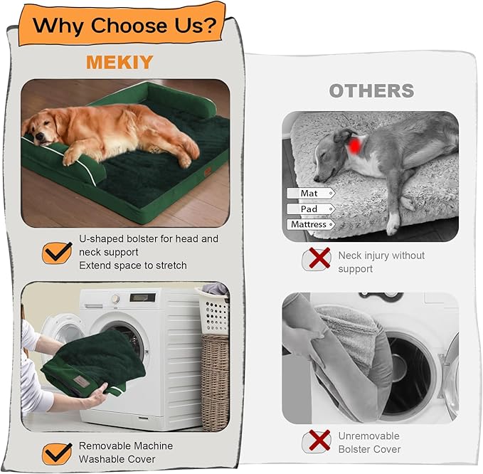 Large Dog Bed Orthopedic Washable - Waterproof Removable Cover - Medium XLarge Big Dogs - Egg Foam Couch - Emerald Dog Beds Bolster with Sides-Mewly Pet