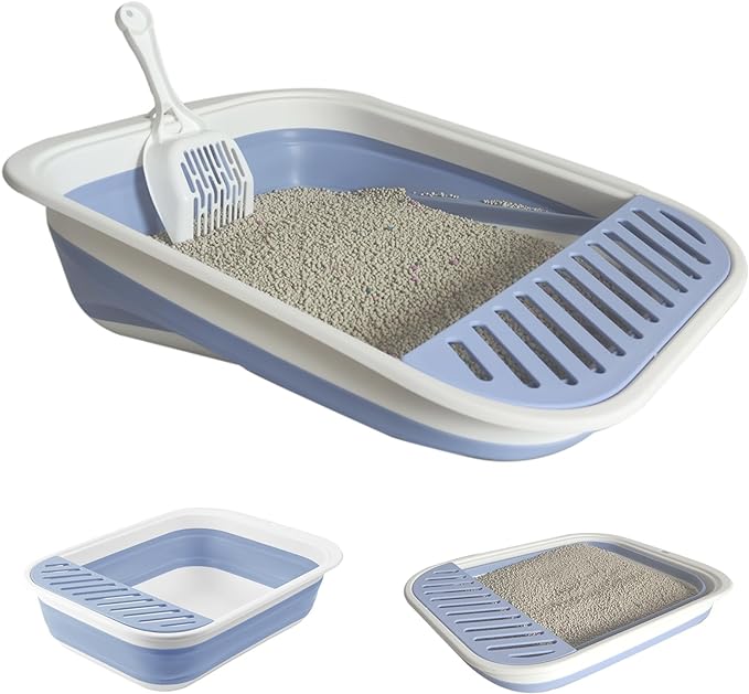 Collapsible Small Cat Litter Box,Kitten Open Potty Pan with Scoop Cat Toilet with Falling Sand Pedal Low Entrance Foldable Kittens Travel Litter Box Blue-Mewly Pet