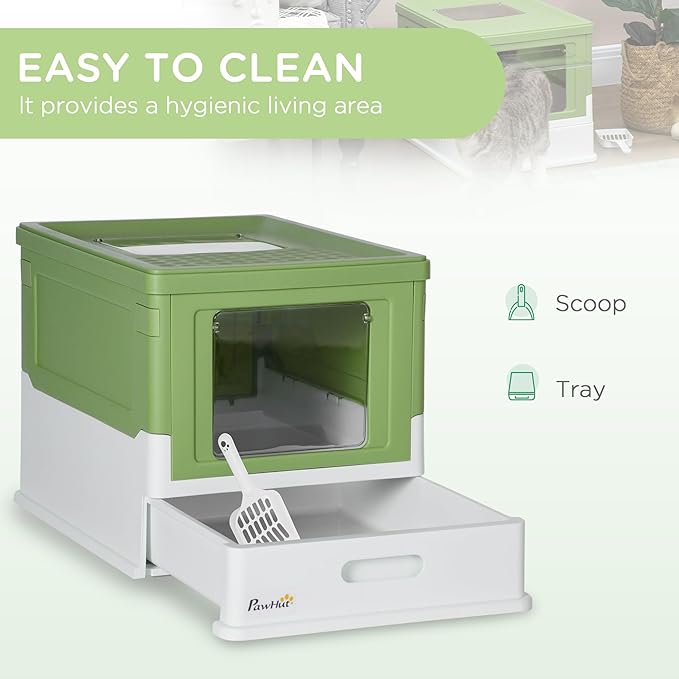 PawHut Fully Enclosed Cat Litter Box with Scoop, Hooded Cat Litter House with Drawer Type Tray, Foldable Smell Proof Potty with Front Entry, Top Exit, Large Space, Yellowish Green-Mewly Pet
