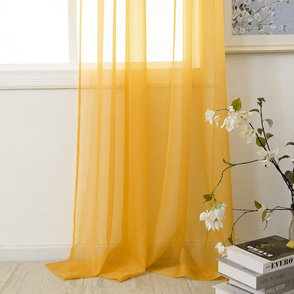 HUTO Gold Yellow Sheer Window Curtains 108 Inches Long for Bedroom Girls Rod Pocket Window Sheer Panels Drapes 2 Panels Curtains for Living Room Canopy Bed Nursery