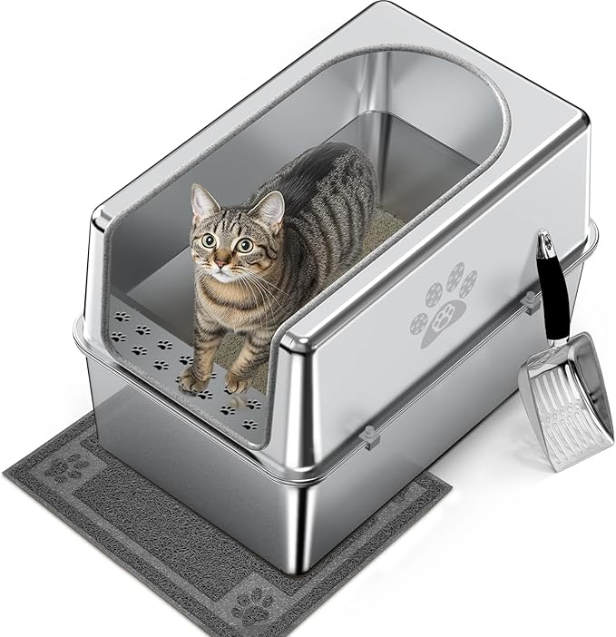 Enclosed Stainless Steel Cat Litter Box with Lid, Metal Litter Box for Big Cats, Extra Large Cat Toilet with High Side, Non-Stick, Anti-Leakage, Odorless, with Cats Litter Mat & Litter Scoop-Mewly Pet