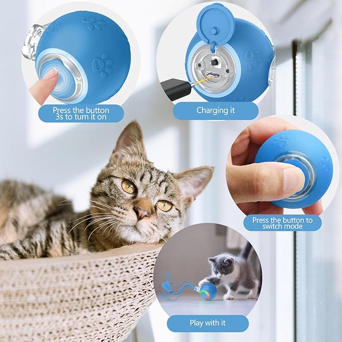Interactive Cat Toys, Automatic Moving Cat Toys for Bored Indoor Adult Cats, Fast Rolling, Chirping & Motion-Activated Kitty Toys, Fun Gift for Cats with Speedy Tail 2.0, USB Rechargeable, Blue-Mewly Pet