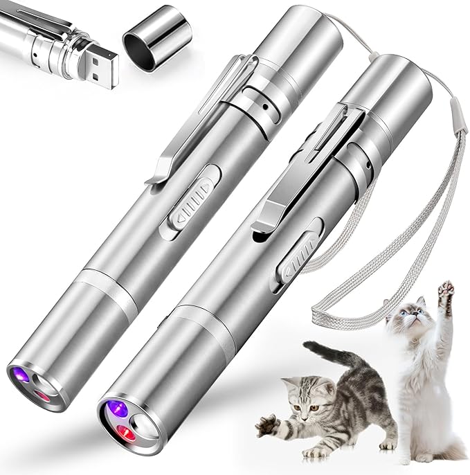 Cat Pointer Toy 2 Pack, Red LED Light Pointer Cat Toys for Indoor, USB Rechargeable 3 Light Colors Interactive Pet Toys, Chaser Training Interactive Toy-Mewly Pet