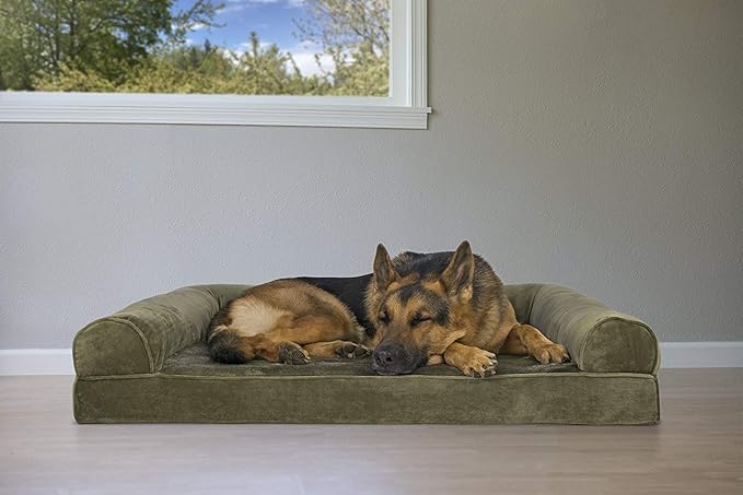 Furhaven Orthopedic Dog Bed for Large Dogs w/ Removable Bolsters & Washable Cover, For Dogs Up to 95 lbs - Faux Fur & Velvet Sofa - Dark Sage, Jumbo/XL-Mewly Pet