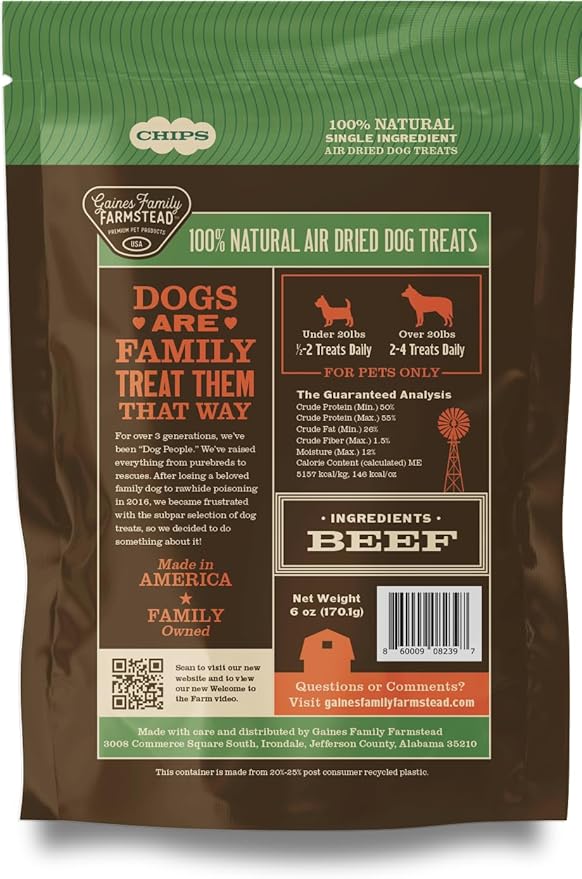 Gaines Family Farmstead Beef Chips for Dogs – 6 oz, Natural Single-Ingredient Dog Treats, High-Protein Rawhide-Free Chews, Healthy Grain-Free Snacks, Made in USA-Mewly Pet