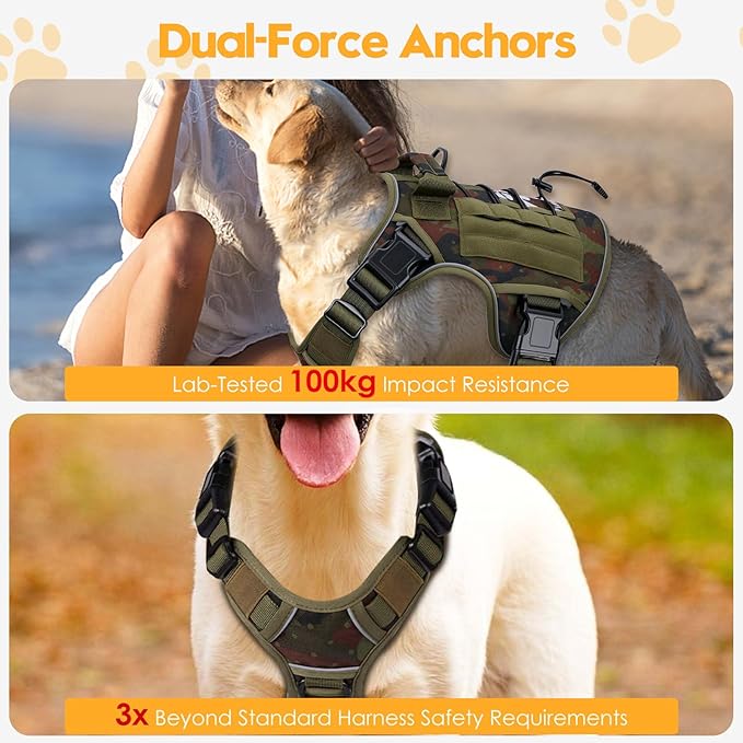 Heavy-Duty Tactical Dog Harness for Large Dogs, No Pull Adjustable Reflective Pet Vest with Molle System, K9 Military-Grade Control for Service Training, Outdoor & 10+ Breeds, Green Camo, XX-Large-Mewly Pet
