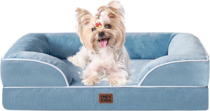 EHEYCIGA Orthopedic Dog Bed for Small Dogs, Waterproof Memory Foam Small Dog Beds with Sides, Non-Slip Bottom and Egg-Crate Foam Medium Pet Couch Bed with Washable Removable Cover, Washed Blue-Mewly Pet