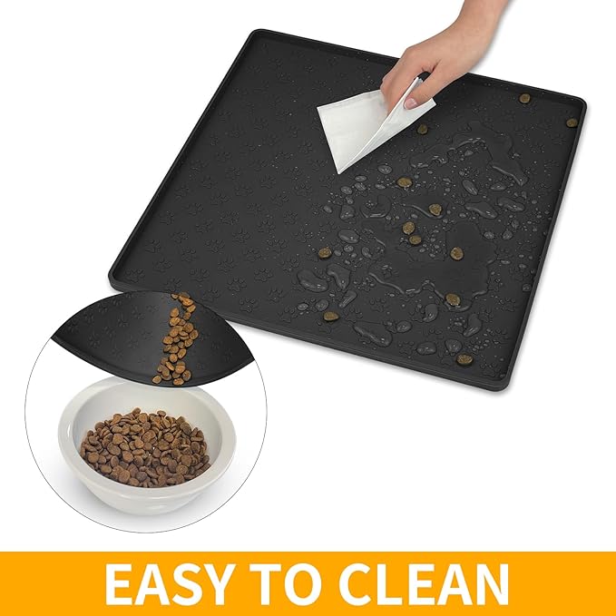 Ptlom Pet Placemat for Dog and Cat, Waterproof Non-Slip Silicone Feeding Bowl Mat Prevent Food and Water Overflow, Puppy Dish Feeder Fountain Trays Suitable for Medium and Small Pets, Black-Mewly Pet
