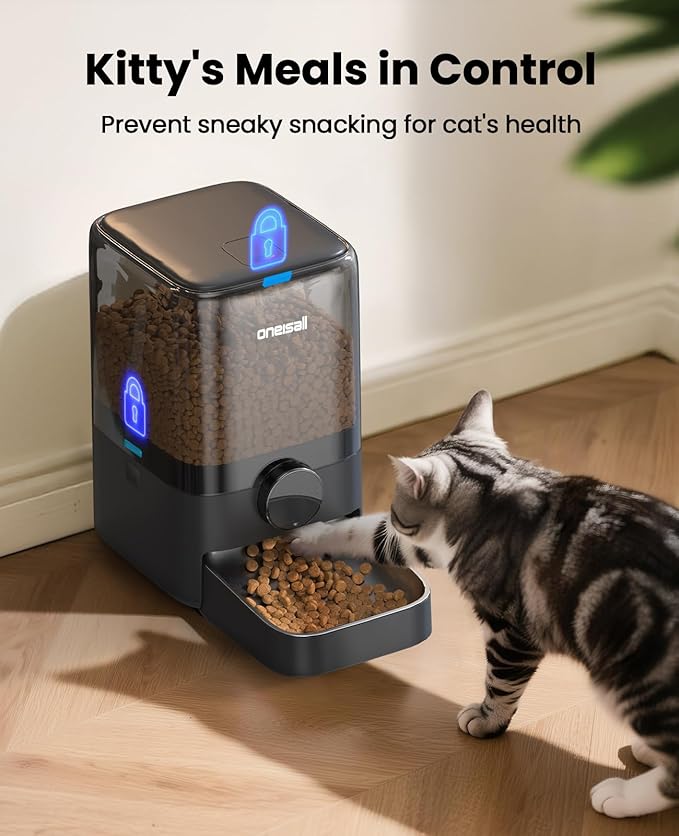 oneisall Automatic Cat Feeder for Large Kibble and Snacks, 20 Cups/5L Timed Pet Feeder for Cats Indoor, Programmable Dry Food Dispenser (Black)-Mewly Pet