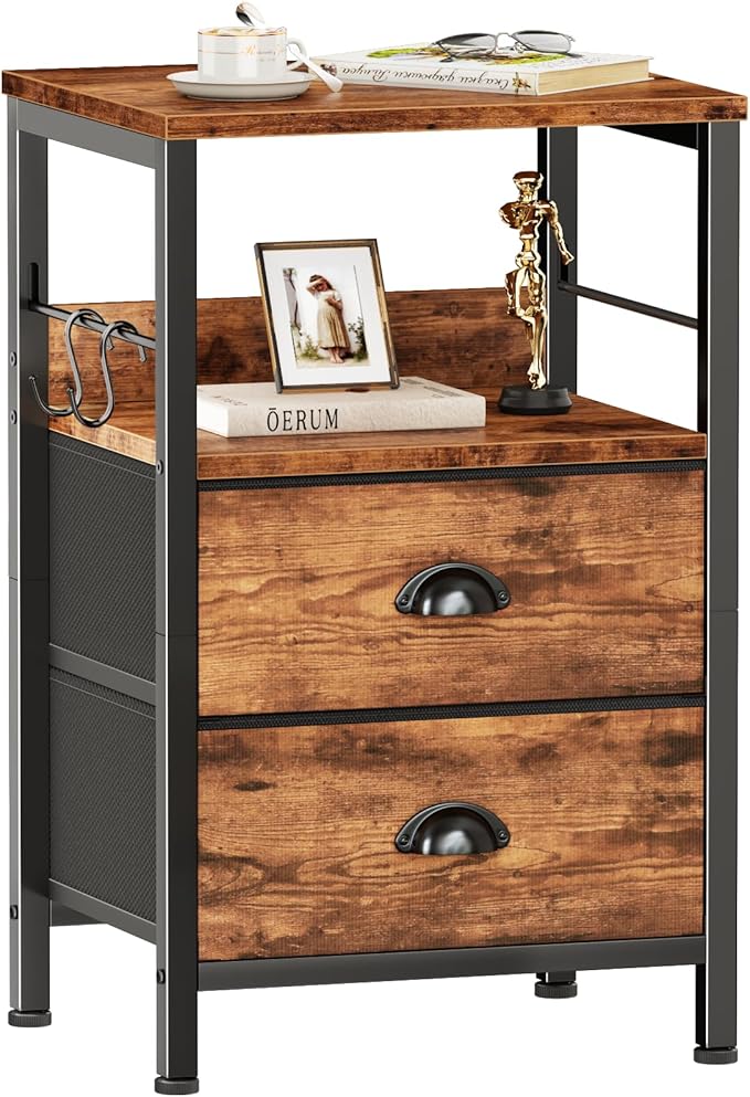 Furologee Nightstand with 2 Fabric Drawers, Night Stand with 2-Tier Shelf, Bedside Table with Hooks, Open Wooden Shelf, End Table for Bedroom, Backboard Design, Metal Frame, Rustic Brown