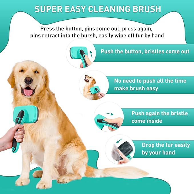 Dog Brush Kit for Grooming Short Long Haired Cats, 3 in 1 Dog Grooming Set for Small Animals, Puppy Self-Cleaning Slicker Brush for Shedding Medium & Large Dogs. Free Pet Comb + Nail Clippers-Mewly Pet