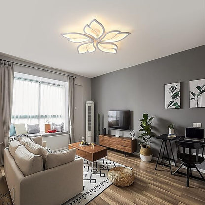 Garwarm Modern Ceiling Light,23.6” Dimmable LED Chandelier Flush Mount Ceiling Lights,Remote Control Acrylic Leaf White Lamp Fixture for Living Room Dining Room Bedroom 60W
