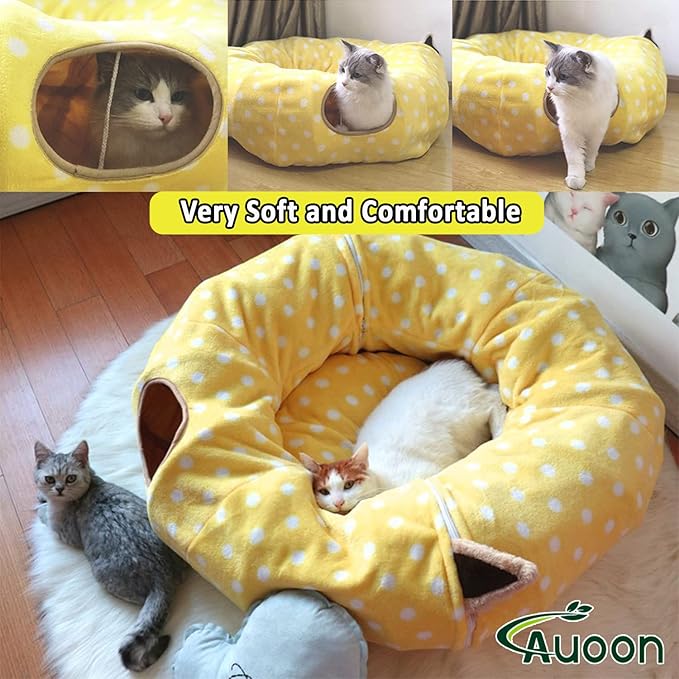 AUOON Cute Cat Donut Tunnel - Round Cat Tunnel Bed with Washable Cushion Interactive Cat Toy for Indoor Cats Kitten Kitty Puppy Rabbit Ferret (Yellow)-Mewly Pet