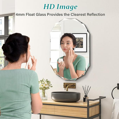 Pregaspor Single Beveled Edge Bathroom Vanity Mirror, 23.6" x 35.4" Oval Wall Mirror, Shatterproof Frameless Mirror for Over Sink, Restroom