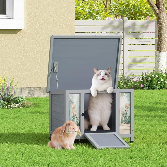 COZIWOW 24in Wooden Cat House Outdoor & Indoor Pet Shelter with Foldable Ramp - Weatherproof Rabbit Hutch with Unique Machine-Printed Art Designs for Cat, Rabbit, Guinea Pig (Grey)-Mewly Pet