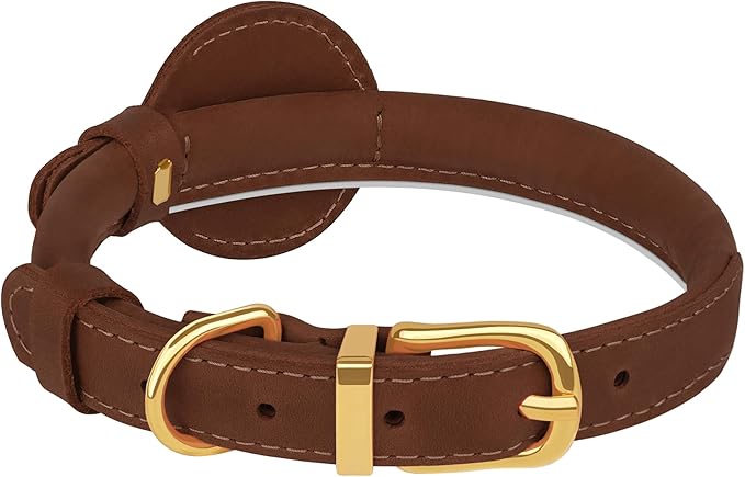 OOPSDOGGY Rolled Leather Dog Collar with Airtag Holder - Reflective Round Airtag Dog Collar - Soft Tracking Pet Collar for Small Dogs Puppy Cats Kitten (Brown, XXL, 20"-24")-Mewly Pet