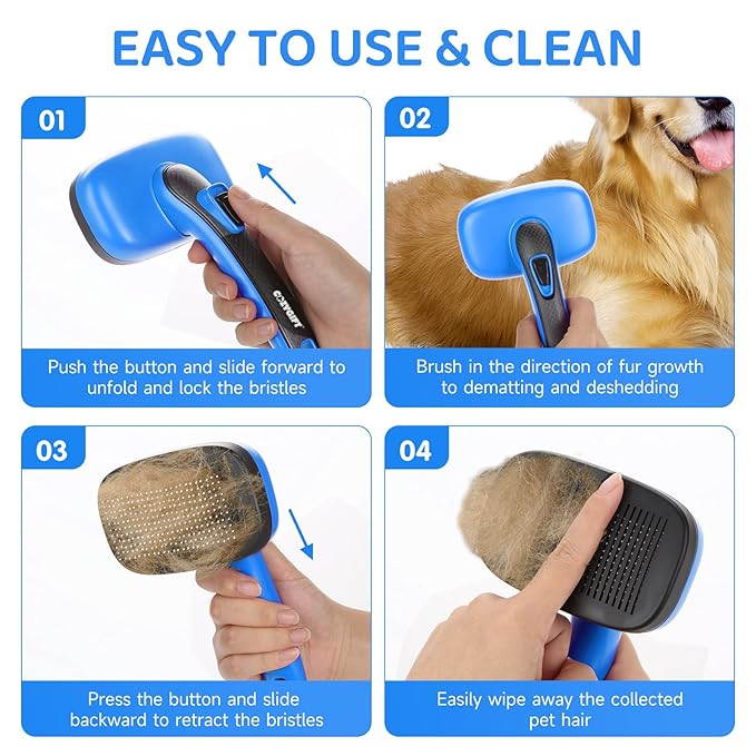 Dog Brush Kit – 3 PCS Grooming Set with Self-Cleaning Brush, Undercoat Rake & Pet Bath Brush. Great for Shedding, Tangles & Dirt Removal – Ideal for Long & Short Haired Dogs & Cats, Blue-Mewly Pet