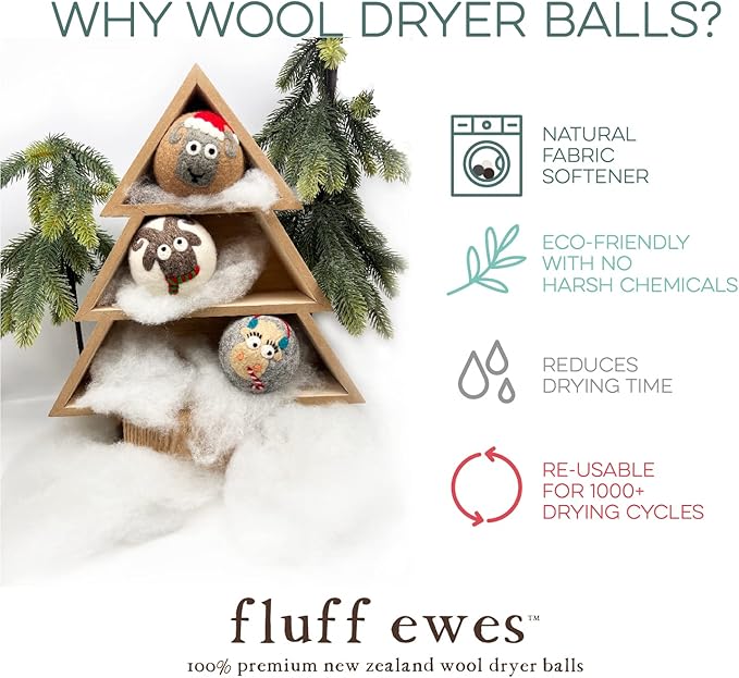 Fluff Ewes Wool Dryer Balls 3 Pack Premium New Zealand Wool Laundry Balls for Dryer, No Static Dryer Balls Laundry Reusable, XL Christmas Dryer Balls, Holiday Dryer Balls - Sheep in Heavenly Peace-Mewly Pet