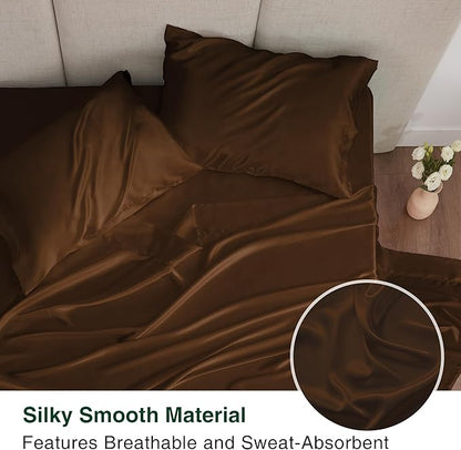 Love's cabin Twin Satin Sheets Sets - 3 Piece Brown Silky Bed Sheets Twin with Deep Pockets, Luxury Silk Feel Satin Sheet Set Bedding Set (1 Flat Sheet,1 Fitted Sheet,1 Pillow case)