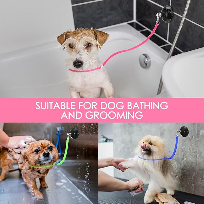 Frienda 4 Pieces Dog Bathing Tether with Suction Cup Pet Dog Grooming Tub Restraint Loops and Adjustable Cat Fixed Safety Rope for Pet Shower Bathing Grooming(Blue Pink Bright Green)-Mewly Pet