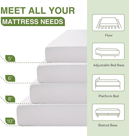 EGOHOME Twin XL Memory Foam Mattress, 5 Inch Bed Mattress in a Box with Cooling Green Tea Gel, Relieve Pressure with Medium Support, CertiPUR-US Certified, 80''L x 38''W, White