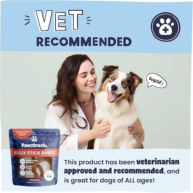 Pawstruck All-Natural 4" Bully Stick Rings for Dogs - Rawhide-Free, 100% Beef, Single Ingredient Dental Chew Bones - Fully Digestible, Low Odor - 3 Pack - Packaging May Vary-Mewly Pet