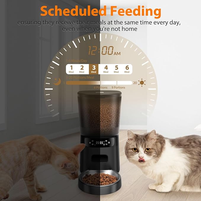 Automatic Cat Feeder, Cat Food Dispenser with Stainless Steel Bowl, Timed Portion Control 20 Portions 6 Meals Per Day, Voice Recorder, Dual Power Supply for Small Dogs (Black)-Mewly Pet