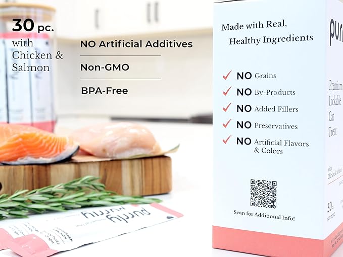 Purrly Hydrating Wet Cat Treat Snack Topper Creamy Purée Human-Grade Chicken Breast & Salmon with Omega-3 & 6 for Skin & Coat (30 Count) Healthy Lickable Squeeze Soft Snack-Mewly Pet