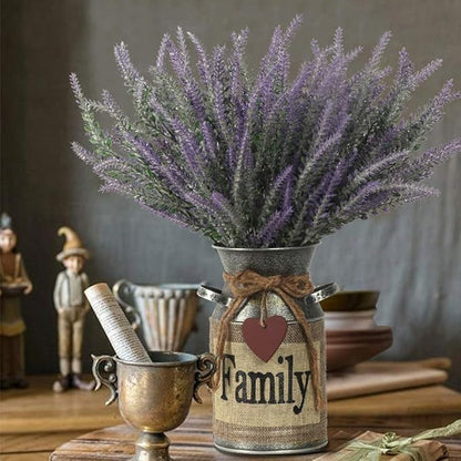 Artificial Lavender Flowers with Vase,Fake Lavender Plant Artificial in Metal Vase for Kitchen Counter Rustic Farmhouse Decor (Family,Purple)