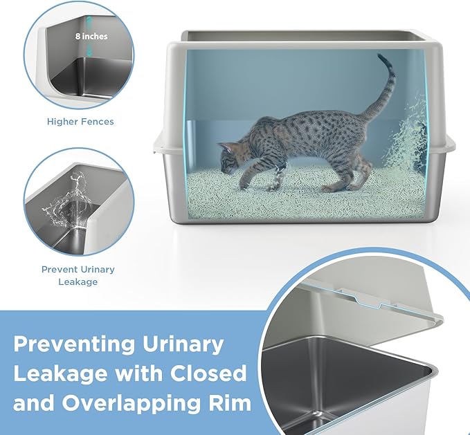 LIHONG Stainless Steel Cat Litter Box, XL Metal with Lid, Cat Litter Pan for Large Cats, Non-Sticky Large Kitty Litter Box, Anti-Leakage, 23.5" X 15.5" X 14" XXL-Mewly Pet