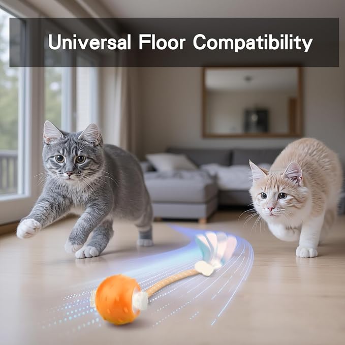 Interactive Cat Toys Ball for Indoor Cats, Automatic Agile Rolling Cat Ball with Elastic Mesh Tail, Bird Chirping & Motion Activated, 2 Tail Accessories, Kitten Toy for Bored (Orange)-Mewly Pet