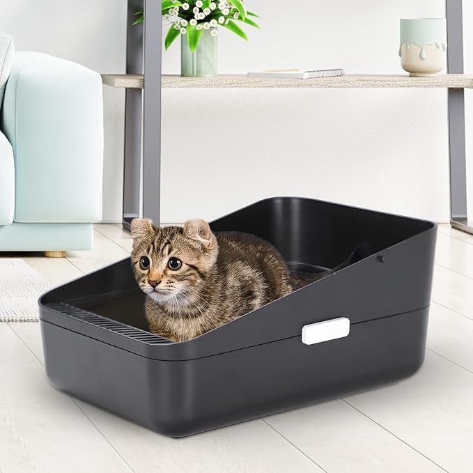Sfozstra Open Litter Box, High Side Sifting, Secure and Odor Control, Removable, Easy to Clean for Cats Up to 8 Pounds (Black Small)-Mewly Pet