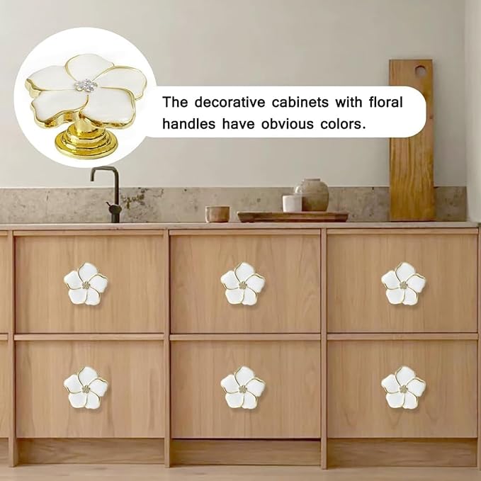 4 pcs Kitchen Handle Petal Knob Hand Zinc Alloy Single Hole Knob Inlaid Rhinestone Hand Handle for Cabinets,Drawers, Wardrobes Furniture Decoration(White)