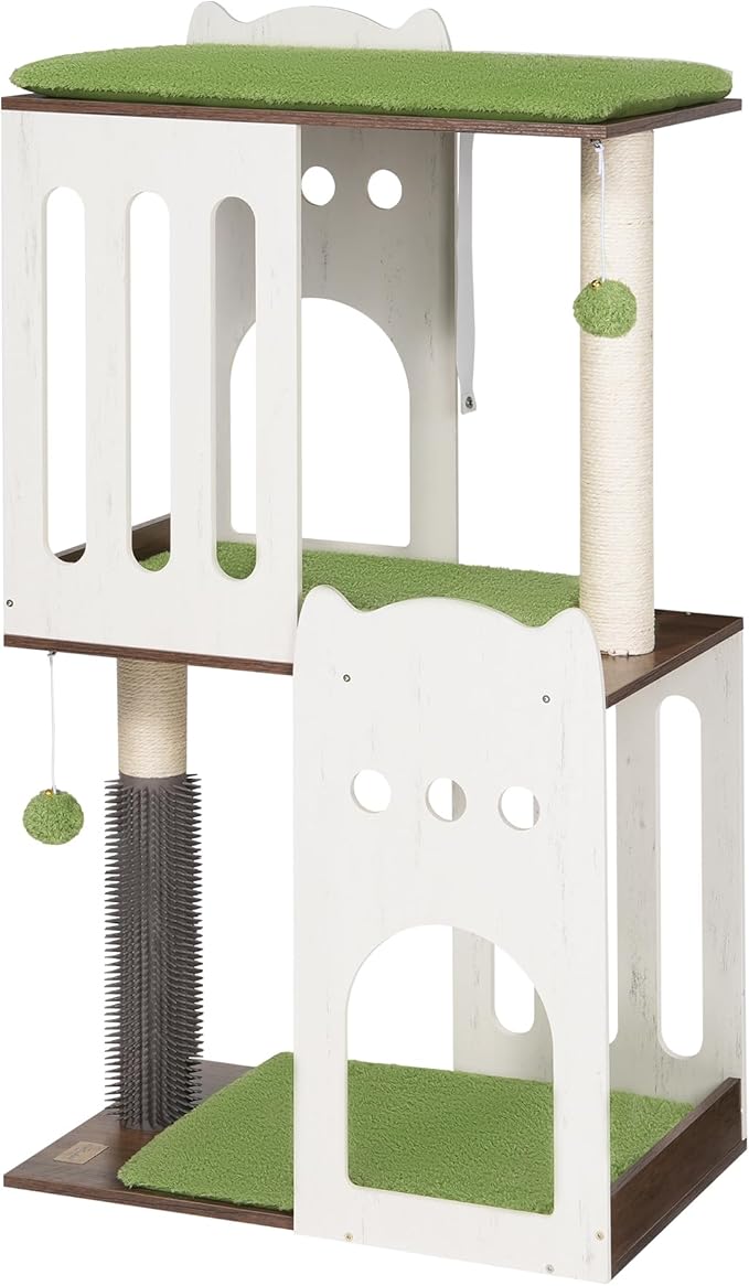 FourFurPets 43.7in 3-Tier Modern Cat Tree Tower Condo, Cat Scratch Posts for Indoor Cats, Big Plate, Two 19.7in Full Sisal Scratching Posts, White-Mewly Pet