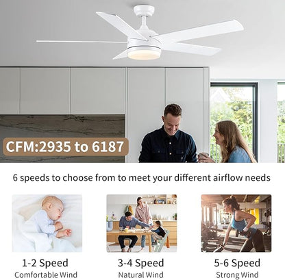 YUHAO 60 Inch White Ceiling Fan with Light and Remote Control.Noiseless,Dimmable,3CCT,6 Speeds Reversible, DC Ceiling Fans for Indoor or Covered Outdoor