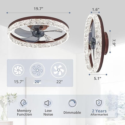 LEDIARY 20" Modern Ceiling Fans with Lights and Remote, Dimmable Low Profile Ceiling Fan, Flush Mount Ceiling Fan, Stepless Color Temperature Change and 6 Speeds - Brown