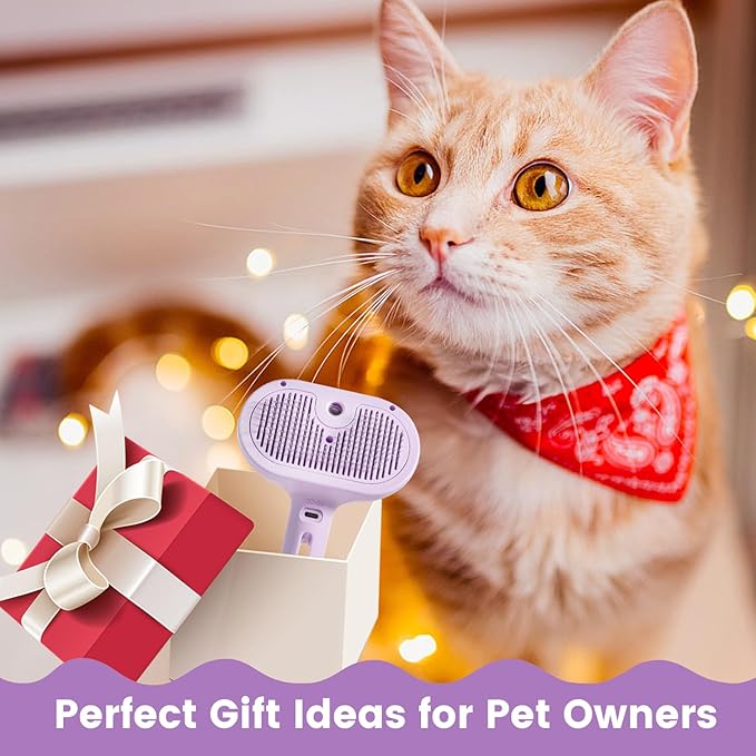 3 in 1 Cat Steam Brush, Pet Spray Hair Removal Comb for Shedding & Grooming, Water Brush for Cats Dogs Small Animals Long Short Haired with One-Click Release Button(Purple)-Mewly Pet