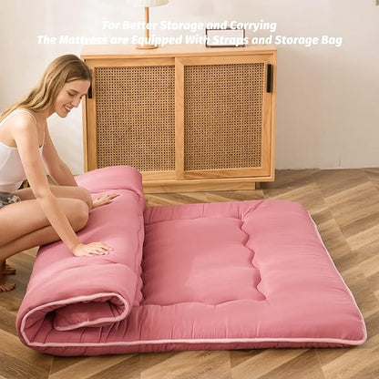 MAXYOYO Japanese Floor Mattress Futon Mattress, Thicken Sleeping Pad Foldable Roll Up Floor Futon for Adults Tatami Mat Dormitory Bed Lounger, Pink, Full Size