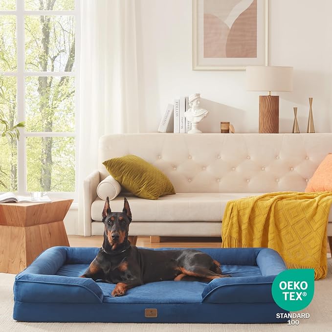 Bedfolks Orthopedic Dog Bed XXL, Waterproof Dog Sofa Bed for Giant Dogs, Egg Foam Pet Couch Bed with Removable Washable Cover and Nonslip Bottom, Navy Blue-Mewly Pet
