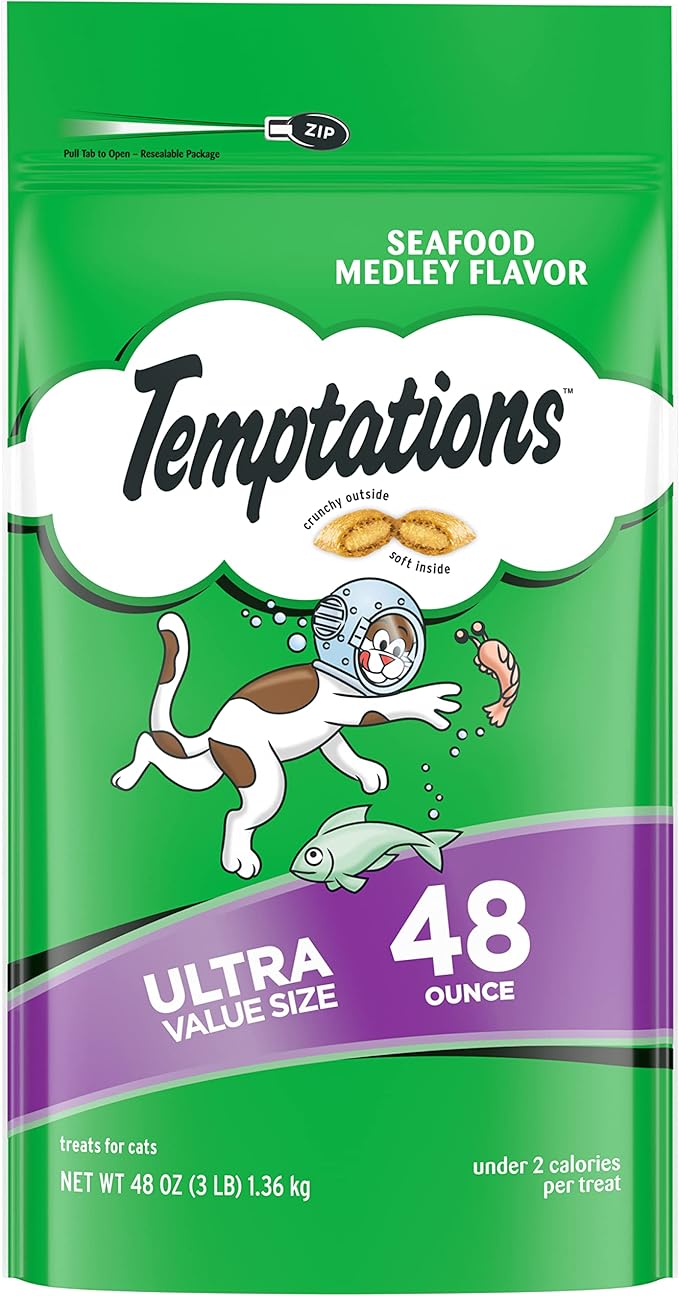 Temptations Classic Crunchy and Soft Cat Treats, Seafood Medley Flavor, 48 oz. Pouch-Mewly Pet