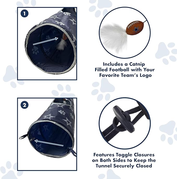 NFL Dallas Cowboys Cat Tunnel Tube Toy with Plush Football Catnip and Feathers Collapsible Tunnel for Cats to Play, Peek and Hide, Sporty & Fun Cat Tunnel Toy with Team Logo All-Over Design!-Mewly Pet