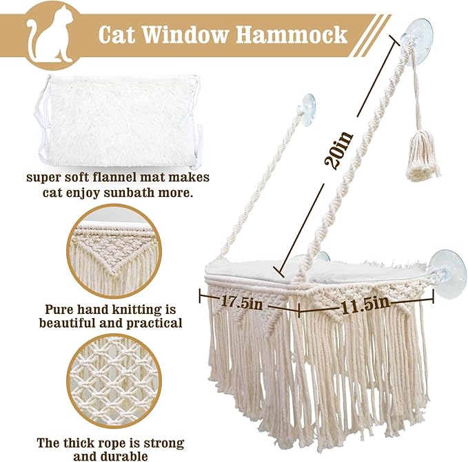 Cat Window Perch Macrame Cat Hammock Boho Wall Mounted Pet Resting Seat Bed for Sunbathing, Napping & Overlooking with 4 Seat Suction Cups & Fleece Blanket & Knitted Ball Toy - Weighted up to 35lbs.-Mewly Pet