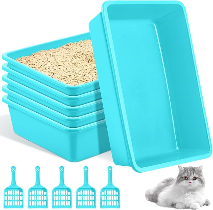 Amyhill 5 Pcs Open Cat Litter Box Kitten Litter Pan with 5 Scooper Medium Plastic Pet Tray Durable Nonstick Kitten Box for Indoor Pets Cats Rabbit Supply Easy to Clean, 14.6x10.6x3.4 Inch (Blue)-Mewly Pet