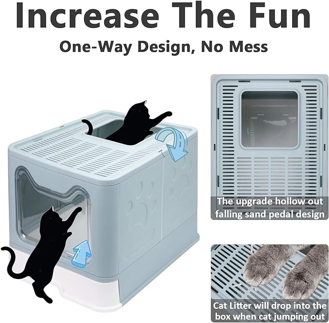 Foldable Cat Litter Box with Lid, Enclosed Potty, Large Top Entry Anti-Splashing Toilet, Easy to Clean Including Litter Scoop and 2-in-1 Cleaning Brush (Blue)-Mewly Pet