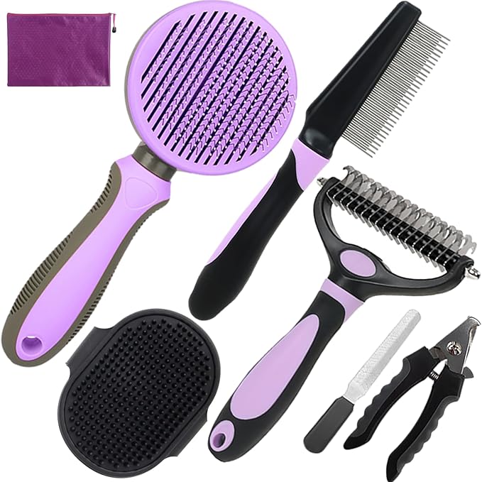 Dog Brush for Shedding, 7 PCS Dog Grooming Brush Kit Including Undercoat Rake, Slicker Brush, Dematting Comb, Nail Clipper, Bath Brush for Long & Short Haired Dogs, Cats - Purple-Mewly Pet