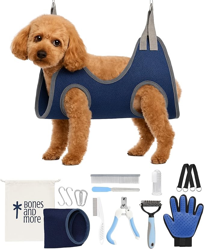 Pet Grooming Hammock Kit for Dogs & Cats, Includes Hammock Harness, Nail Clippers, Nail File, Grooming Glove, Dematting Comb, S-Hooks, Carabiners & Storage Bag for Easy Home Grooming Medium (86×52) cm-Mewly Pet