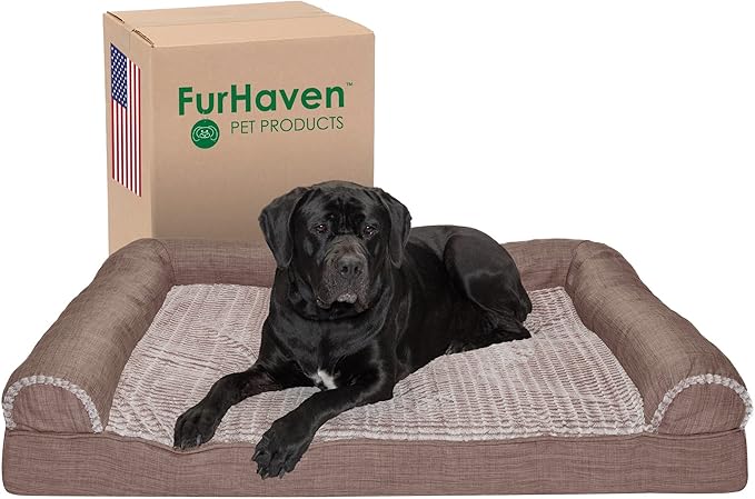Furhaven Cooling Gel Dog Bed for Large Dogs w/ Removable Bolsters & Washable Cover, For Dogs Up to 125 lbs - Luxe Faux Fur & Performance Linen Sofa - Woodsmoke, Jumbo Plus/XXL-Mewly Pet