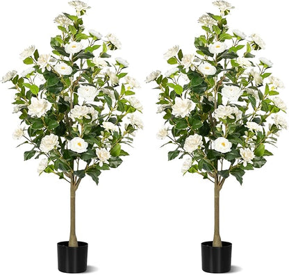 Artificial Camellia Tree 2 Pack, Artificial Plants Outdoor Faux Floral Plant in Cement Pot Fake Silk Camellia Tree Plants for Home House Living Room Office Decor